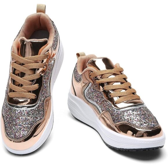 Shoes - Women's Gold Breathable Mesh Comfort Lightweight Wedge Platform Sneakers